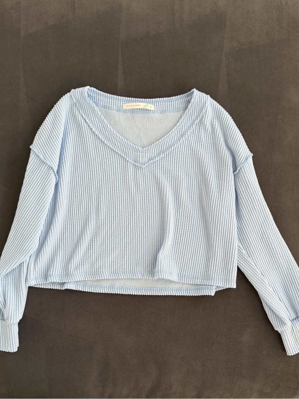 Altar'd State Pale Blue Waffle V-Neck Cropped Sweatshirt